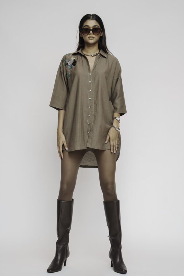 Olive-brown embroidered shirt dress