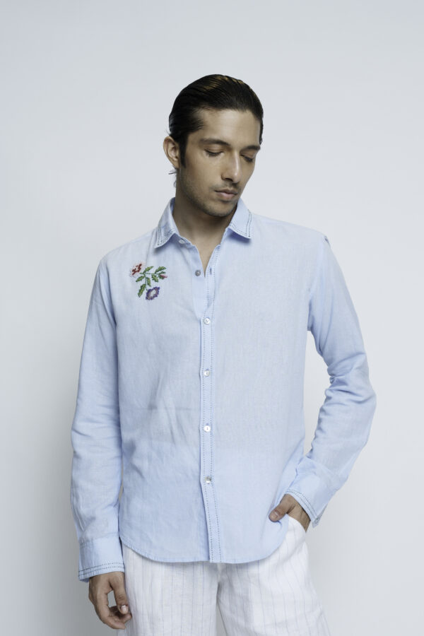 Classic Blue Cotton Linen Embroidered Shirt
