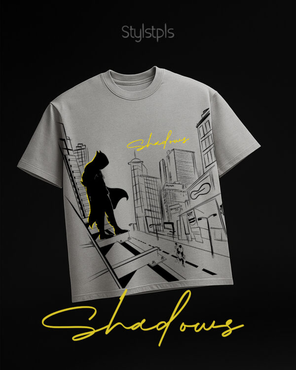 Shadows - Grey, vibrant yellow text, oversized T-shirt